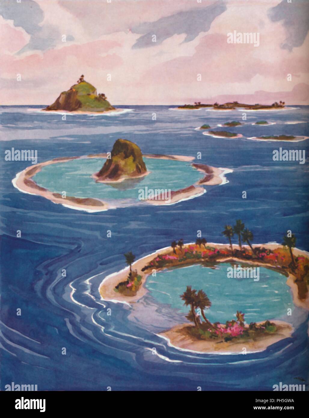 "Islas formado por diminutas criaturas marinas", 1935. Artista: Desconocido. Foto de stock