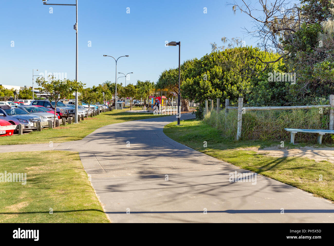 Hormigón boardwalk en Mooloolaba, la Sunshine Coast, Queensland, Australia Foto de stock