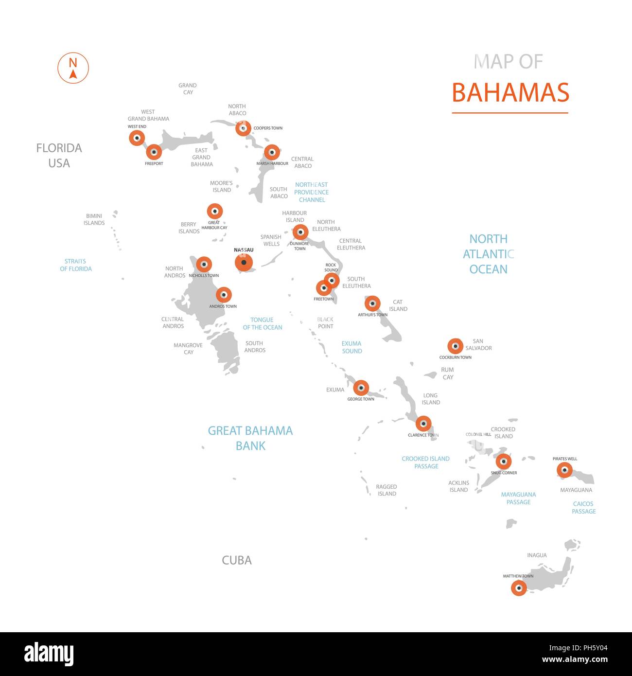 Vector estilizados Bahamas mapa mostrando las grandes ciudades, la