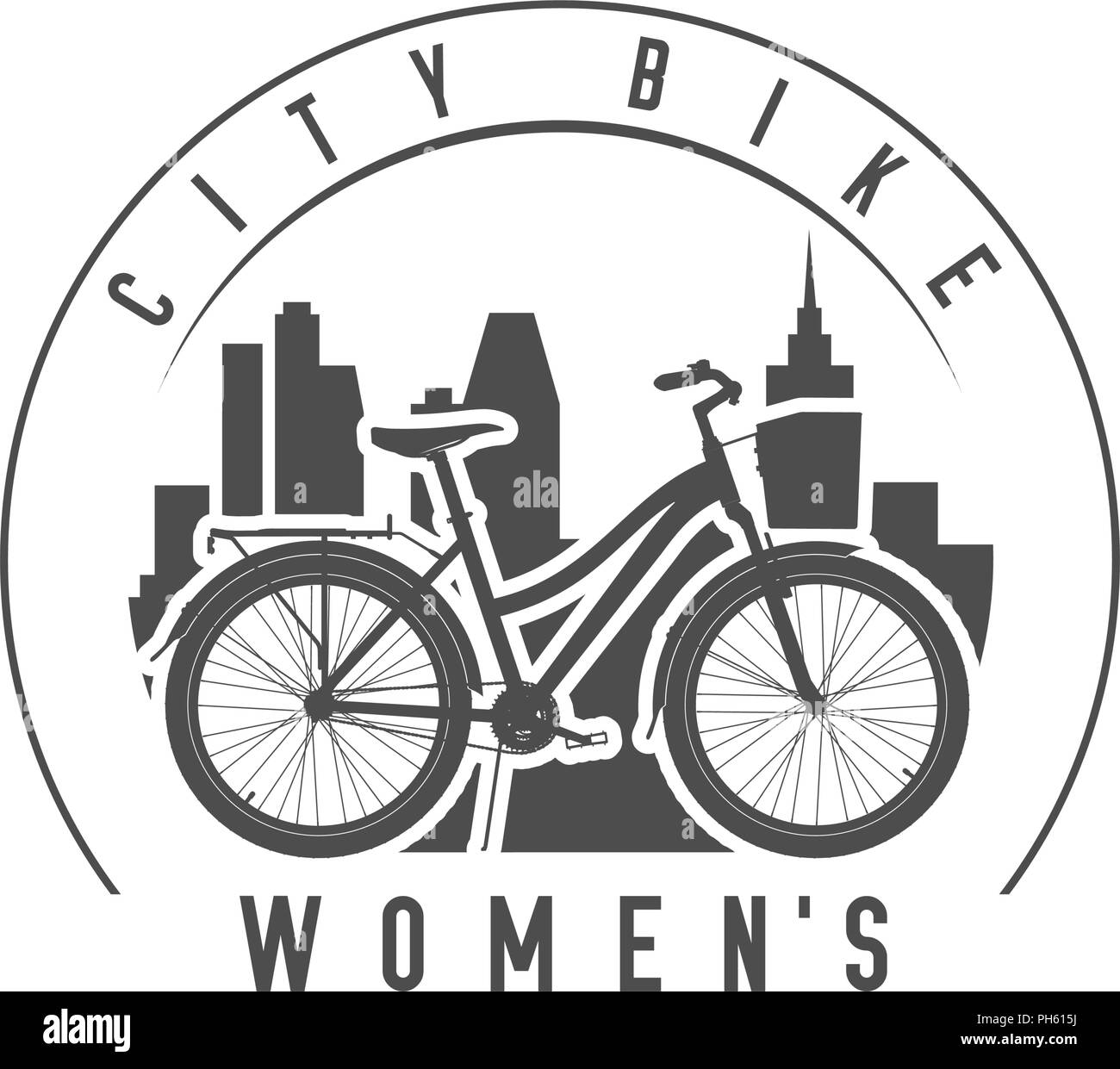 La dama o mujer Ciudad Confort bici con una canasta y tronco emblema  distintivo. Monocromo ilustración vectorial. La dama o Mujer Bicicleta  silueta detallada Imagen Vector de stock - Alamy