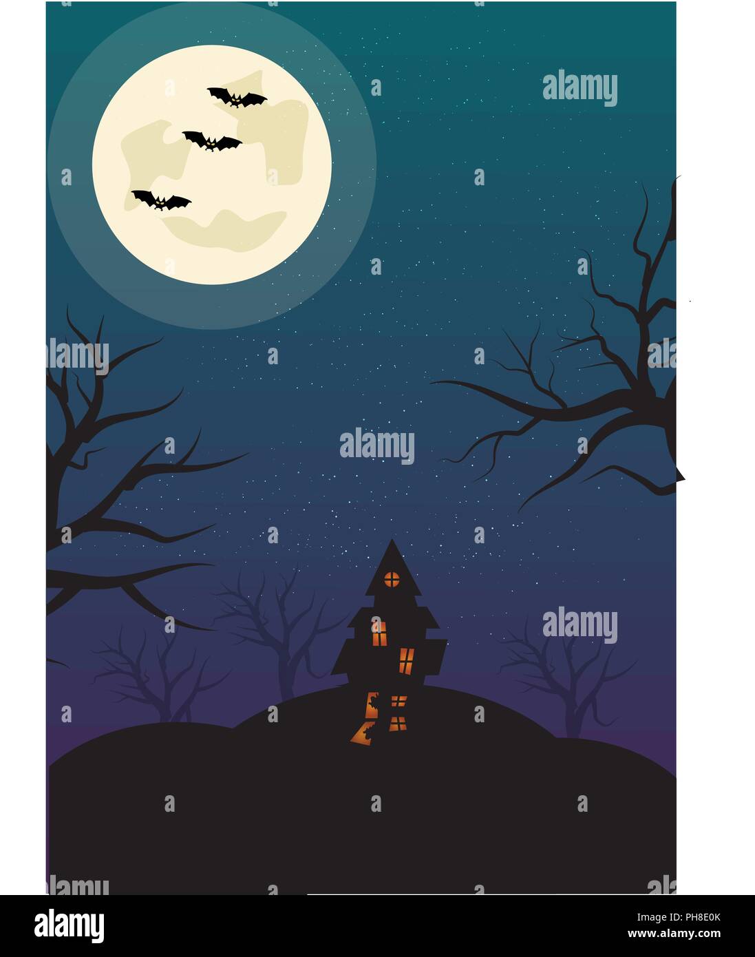 Halloween Fondo vertical con brujas, murciélagos Haunted House y de la Luna Llena. Flyer o plantilla de invitación para la fiesta de Halloween con un espacio vacío para su Ilustración del Vector