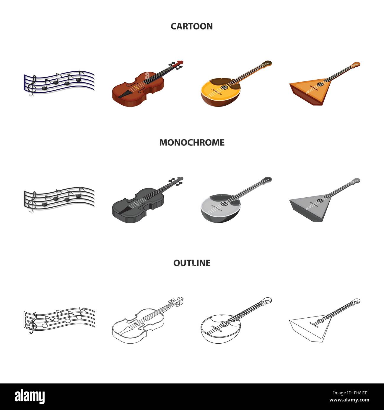 Instrumentos musicales,dibujos animados,Esquema iconos monocromo en  conjunto para el diseño. Instrumento de cuerda y viento isométrica símbolo  vector stock illustrati Imagen Vector de stock - Alamy