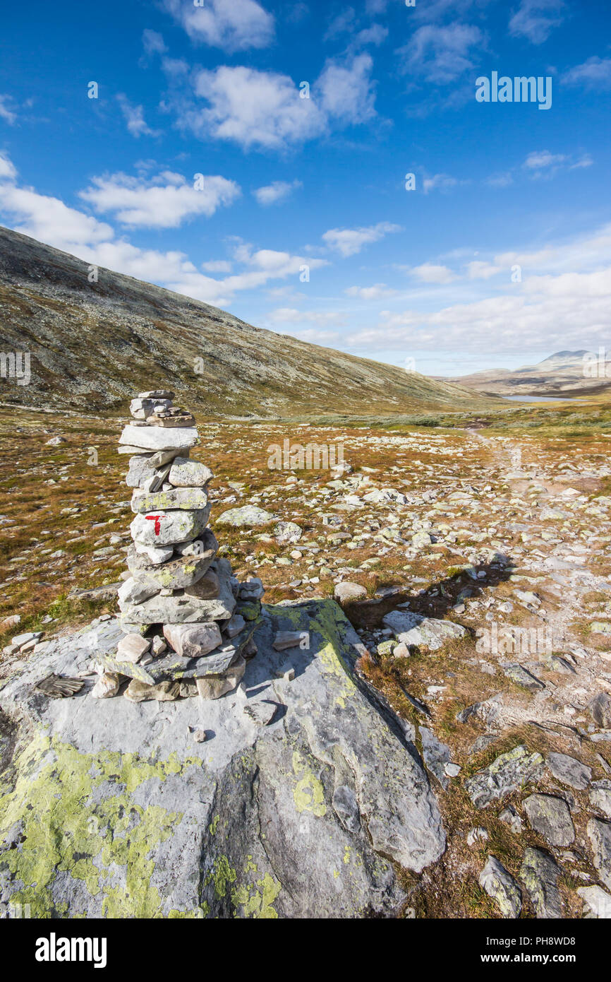Marcador de senderos en el Parque Nacional de Noruega Foto de stock