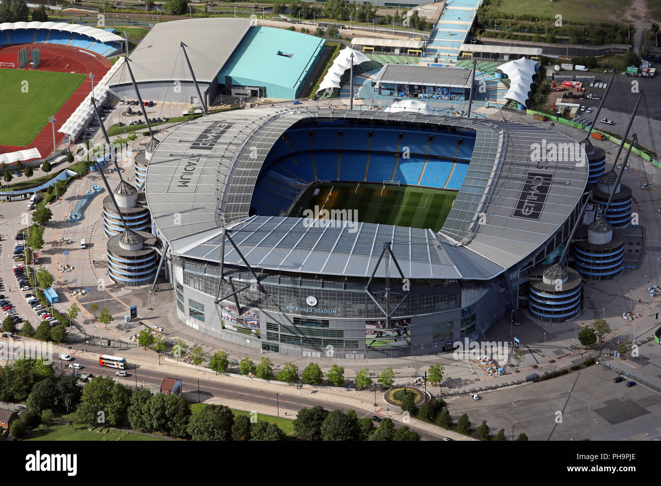 Vista aérea del Manchester City FC Estadio Etihad Foto de stock