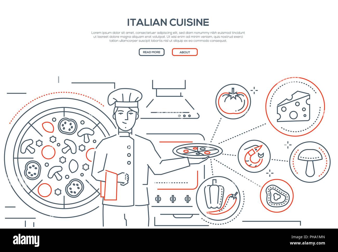 Cocina Italiana - línea de diseño estilo banner Ilustración del Vector