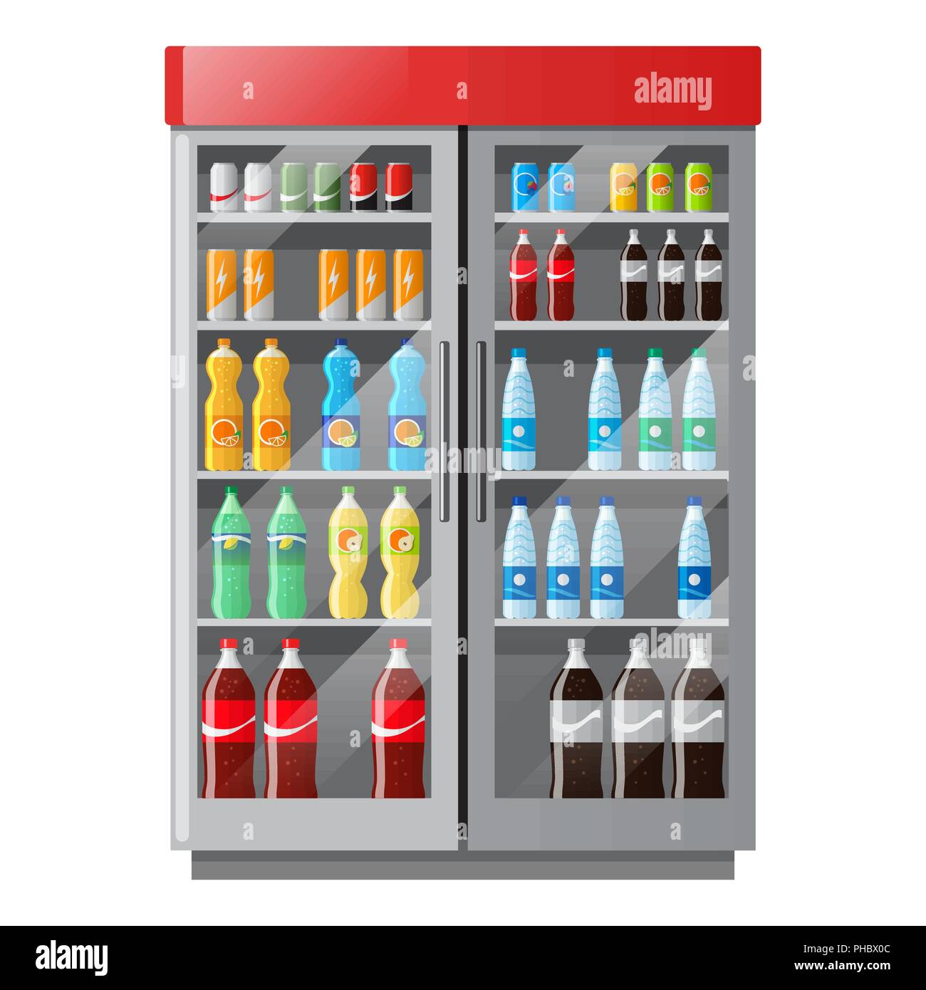 Vitrina de refrigeración con bebidas en coloridas botellas en estilo plano. Ilustración del Vector