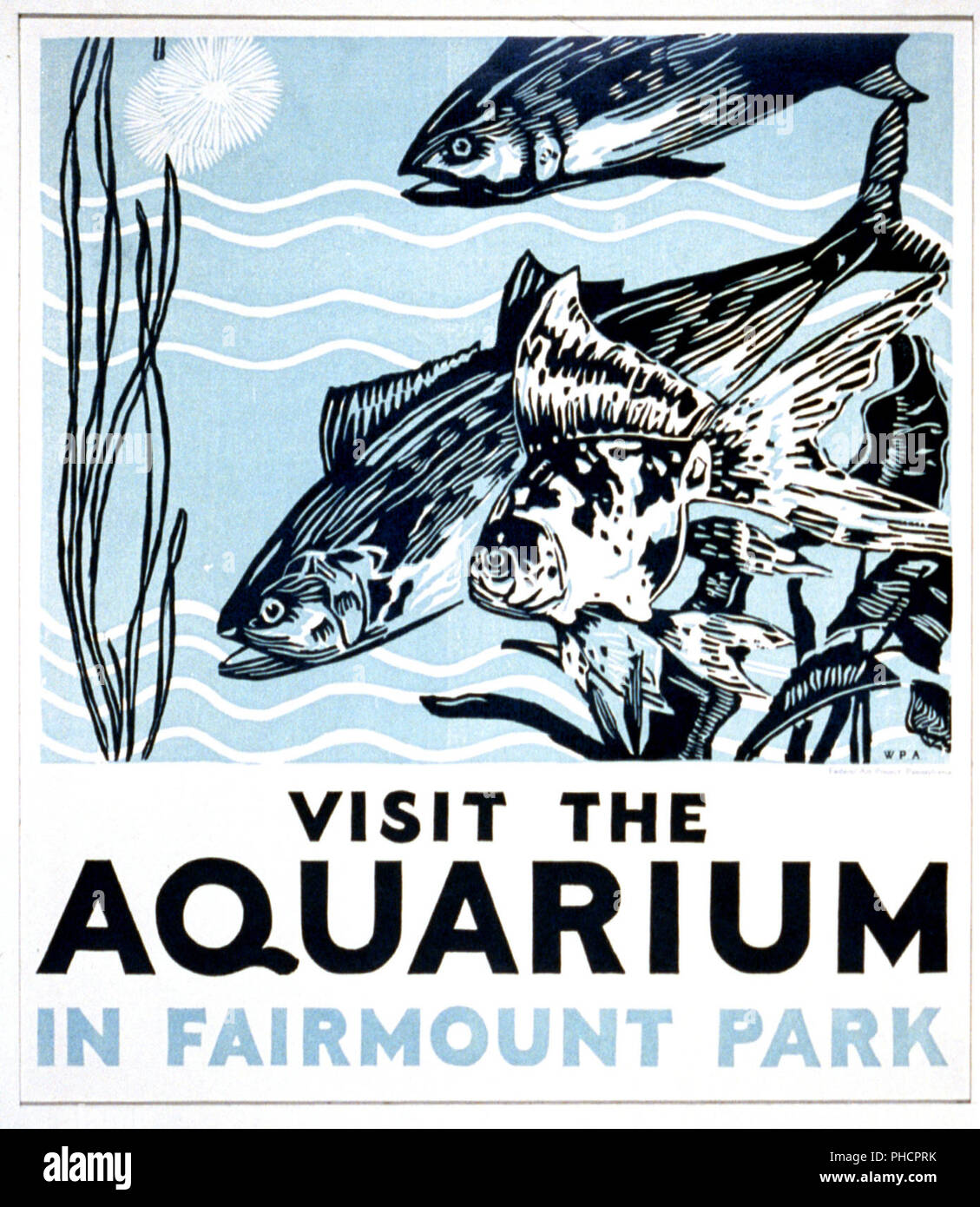 Cartel promueve el acuario en Fairmount Park como un lugar para visitar, mostrando el pescado. Foto de stock