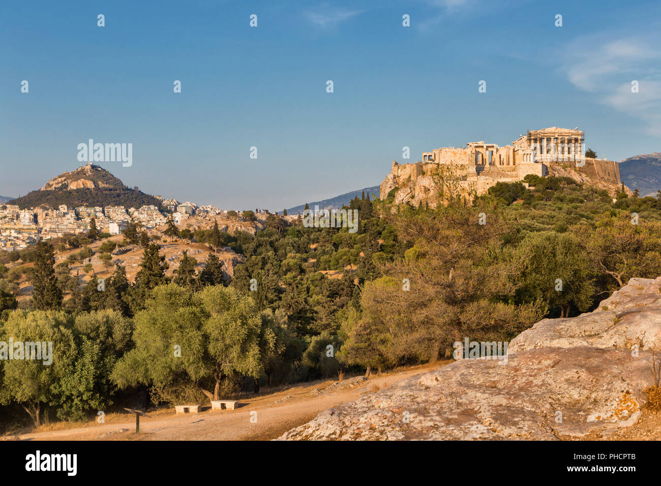 Desde la colina Pnyx Acrópolis, Atenas, Grecia Foto de stock