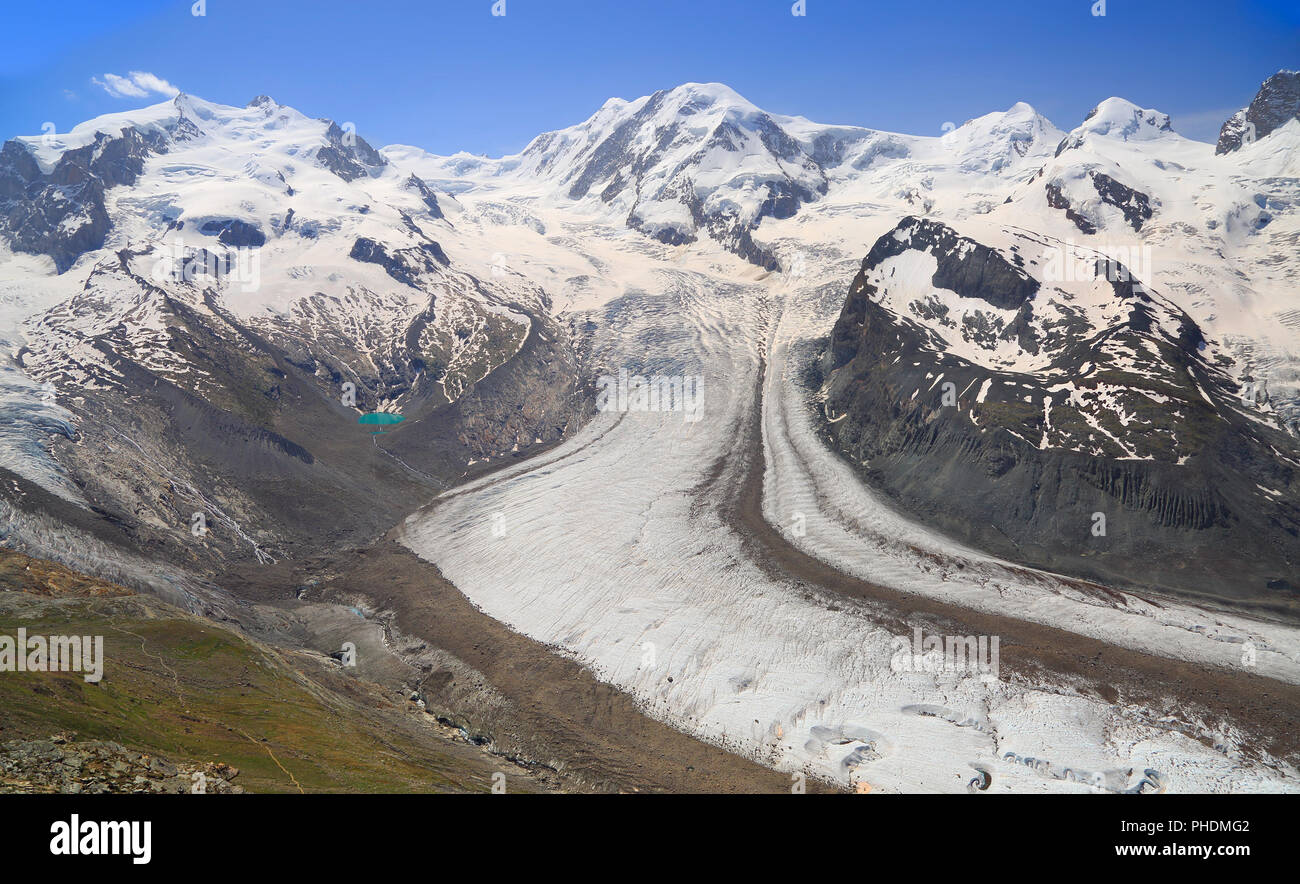 El Glaciar Gorner (Gornergletscher) y Monte Rosa en los Alpes, Europa Foto de stock