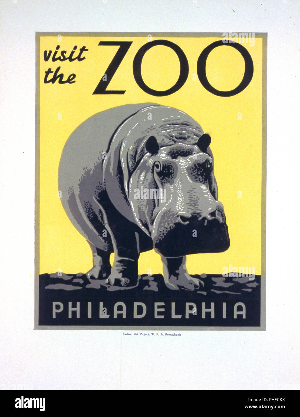 Cartel promueve el zoológico como un lugar para visitar, mostrando un hipopótamo ca 1936-1941. Foto de stock