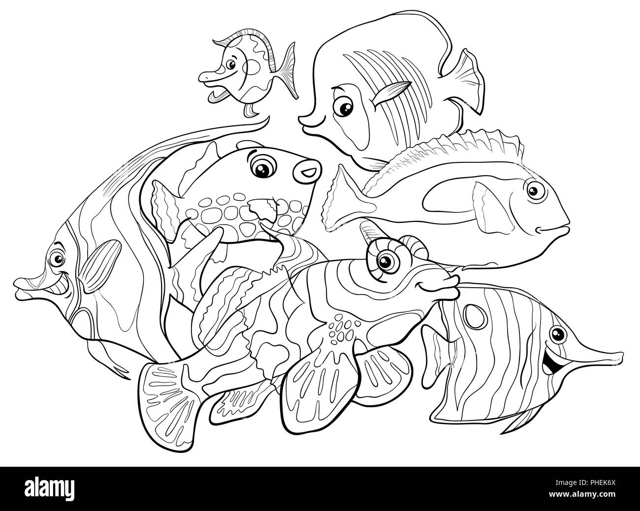 Personajes de la fauna de peces tropicales coloring book Foto de stock