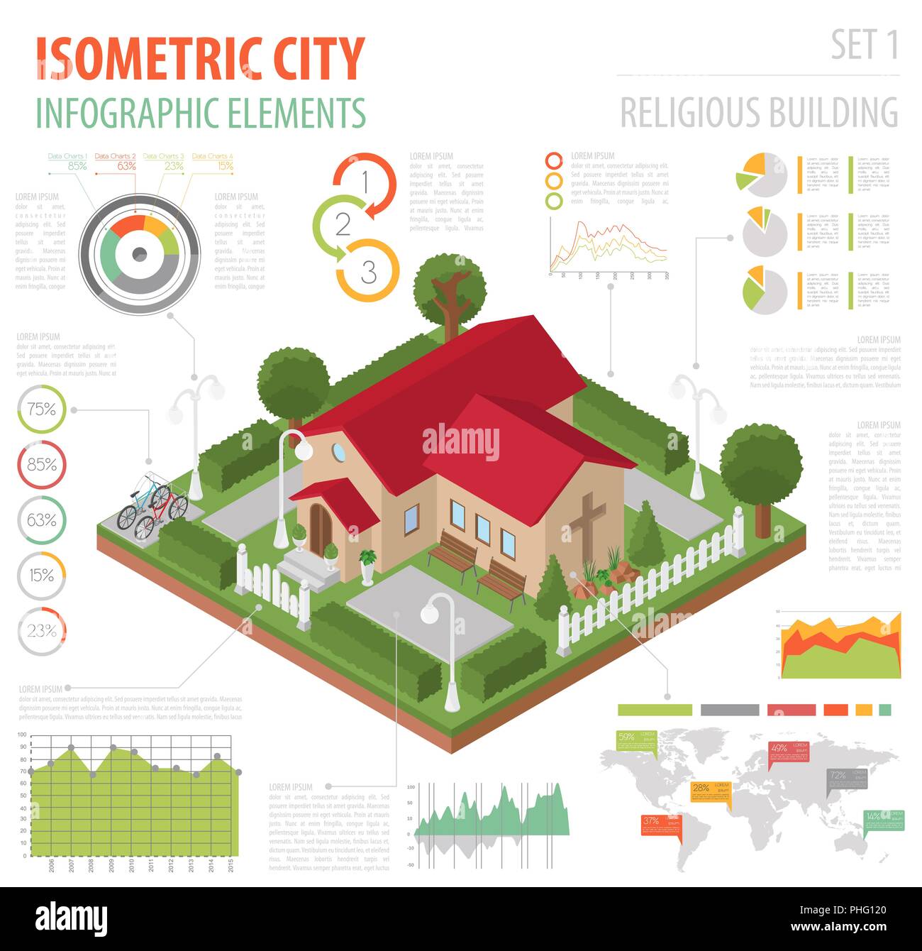 La arquitectura religiosa. 3D isométrico Plano y mapa de la ciudad iglesia creador de elementos tales como la construcción, transporte, estacionamiento, naturaleza aislado en blanco. Construya su Ilustración del Vector