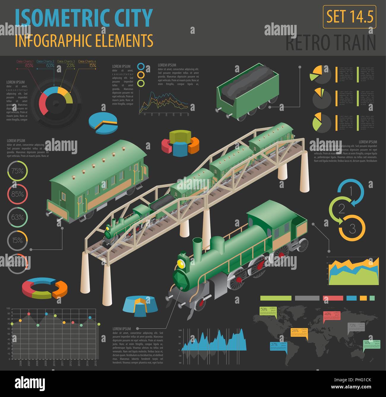 3D isométrica retro ferrocarril con una locomotora a vapor y vagones. Mapa de la ciudad de elementos de constructor. Construya su propia colección infográficos. Vector illustrat Ilustración del Vector