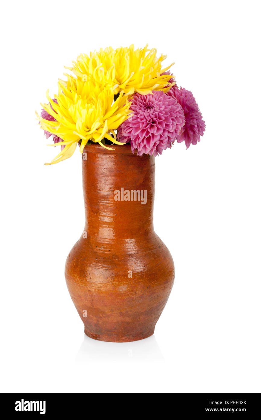 Gran jarra de arcilla con dalias flores aisladas sobre fondo blanco. Foto de stock