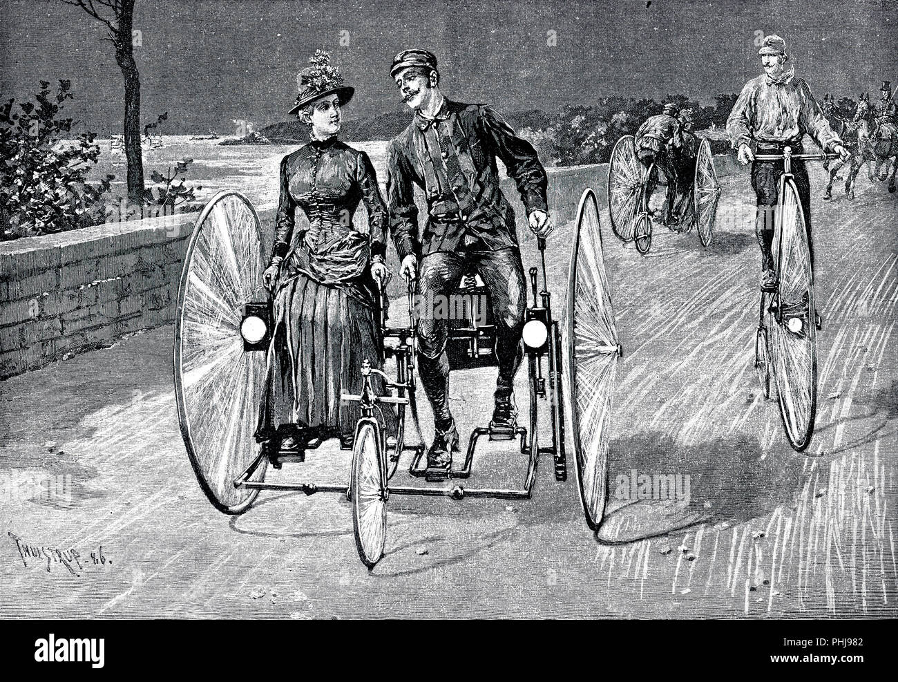 1800 ciclistas. Una ilustración del año 1886 donde una joven pareja está sentado en una bicicleta como vehículo. Pueden ambos pedales de la bicicleta tiene dos ruedas grandes en la parte posterior y una pequeña rueda en la parte delantera. A la derecha, un hombre montado en una bicicleta Penny Farthing. 1886 Foto de stock