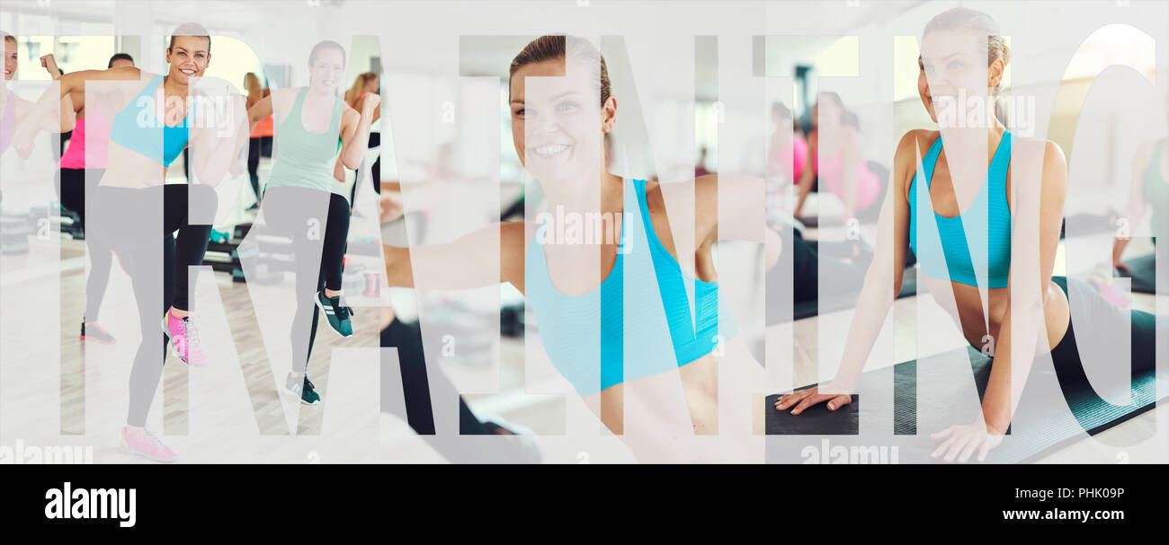 Collage de un monte joven en ropa deportiva trabajando con otras personas  durante una clase de gimnasia con una superposición de la formación en Word  Fotografía de stock - Alamy