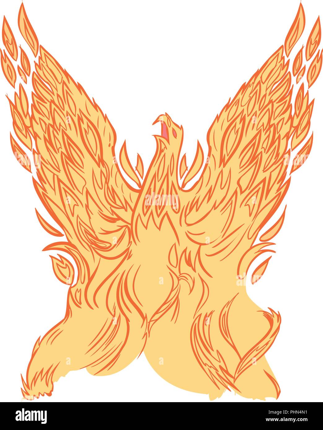 Imágenes prediseñadas vectoriales cartoon ilustración de un ave fénix o firebird de Fuego o llamas levantándose en el aire con alas. Ilustración del Vector