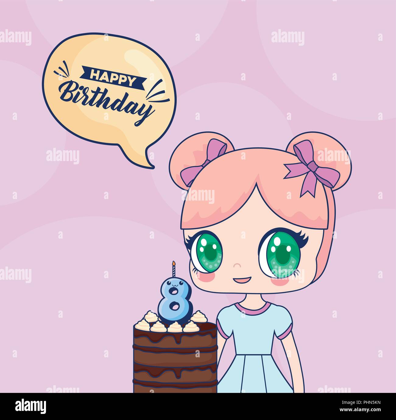 Feliz cumpleaños diseño con pastel de cumpleaños y kawaii anime chica icono  sobre fondo púrpura, ilustración vectorial diseño colorista Imagen Vector  de stock - Alamy