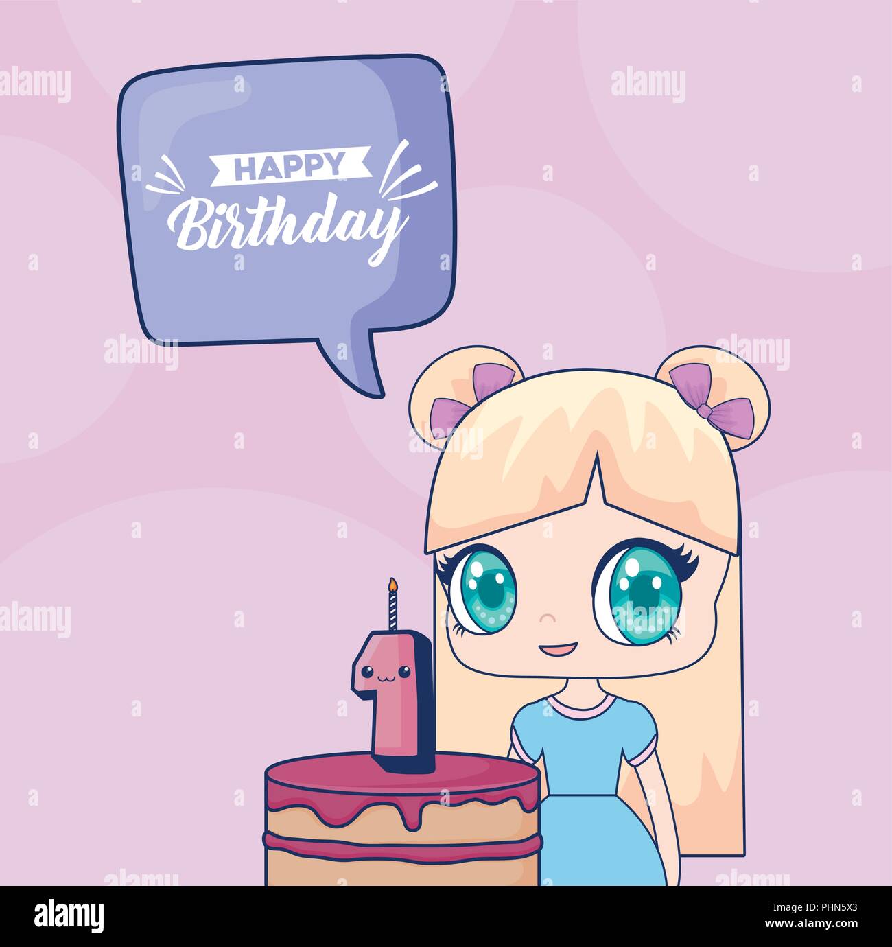 Feliz cumpleaños diseño con pastel de cumpleaños y kawaii anime chica icono  sobre fondo púrpura, ilustración vectorial diseño colorista Imagen Vector  de stock - Alamy