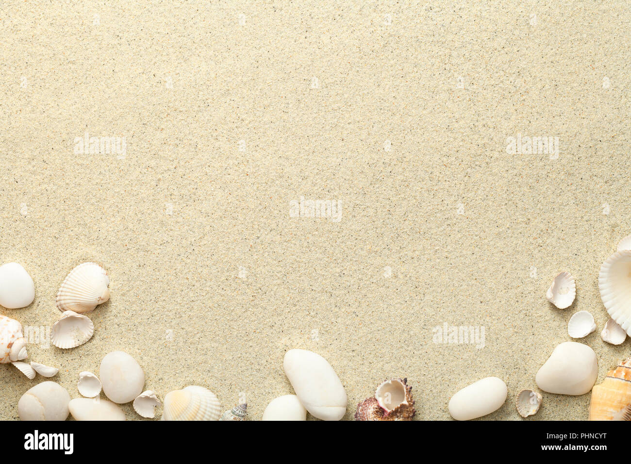 La playa de arena, con conchas y piedras de fondo Foto de stock