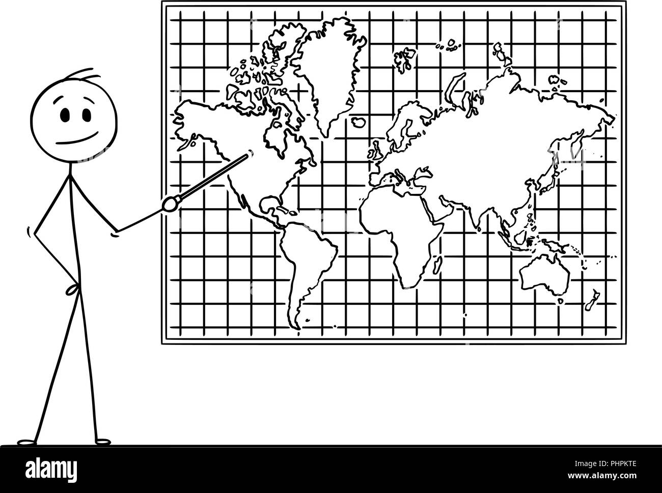 Caricatura del hombre apuntando al continente de América del Norte en Wall Mapa del Mundo Ilustración del Vector