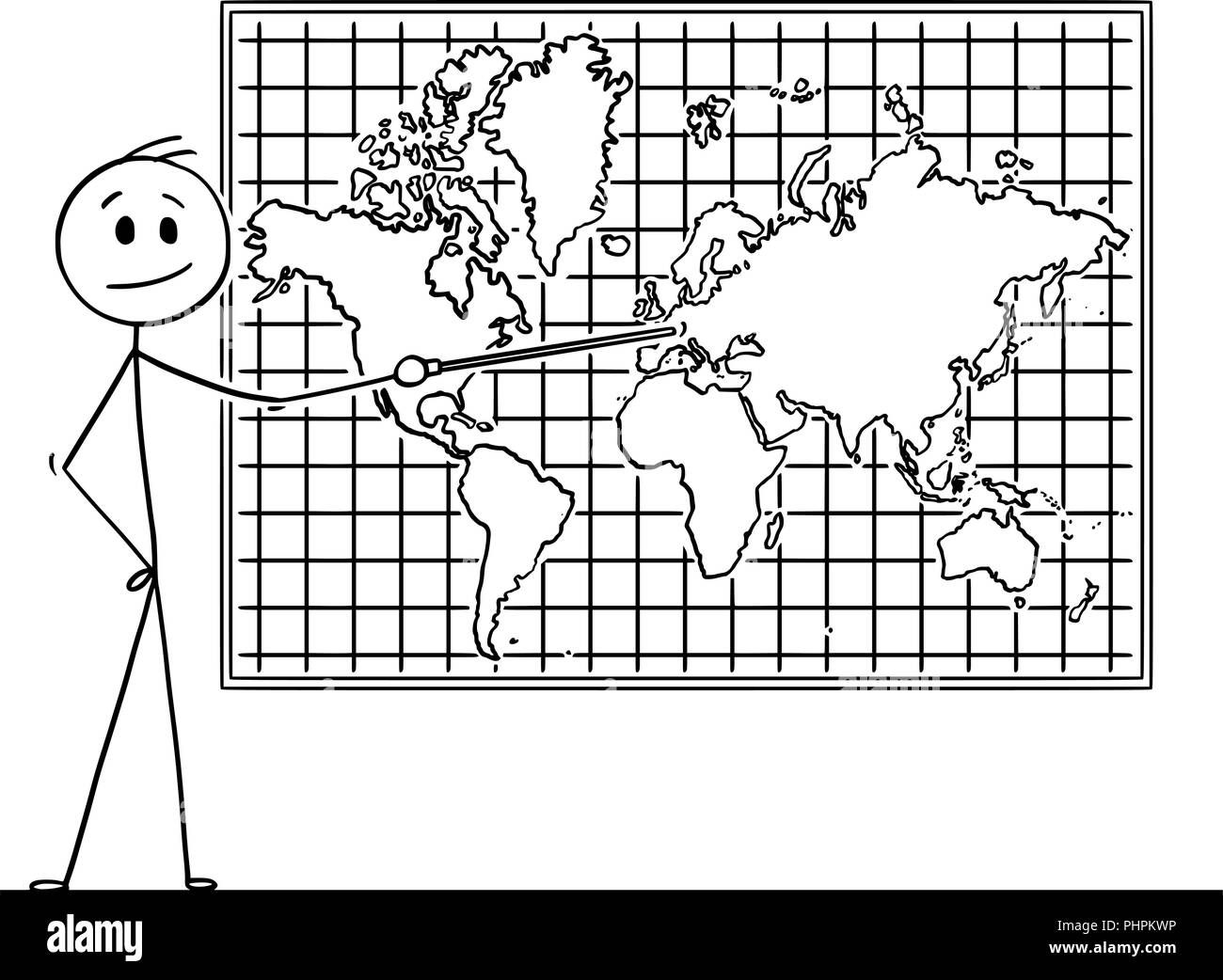 Caricatura del hombre apuntando a Europa, continente en Wall Mapa del Mundo Ilustración del Vector