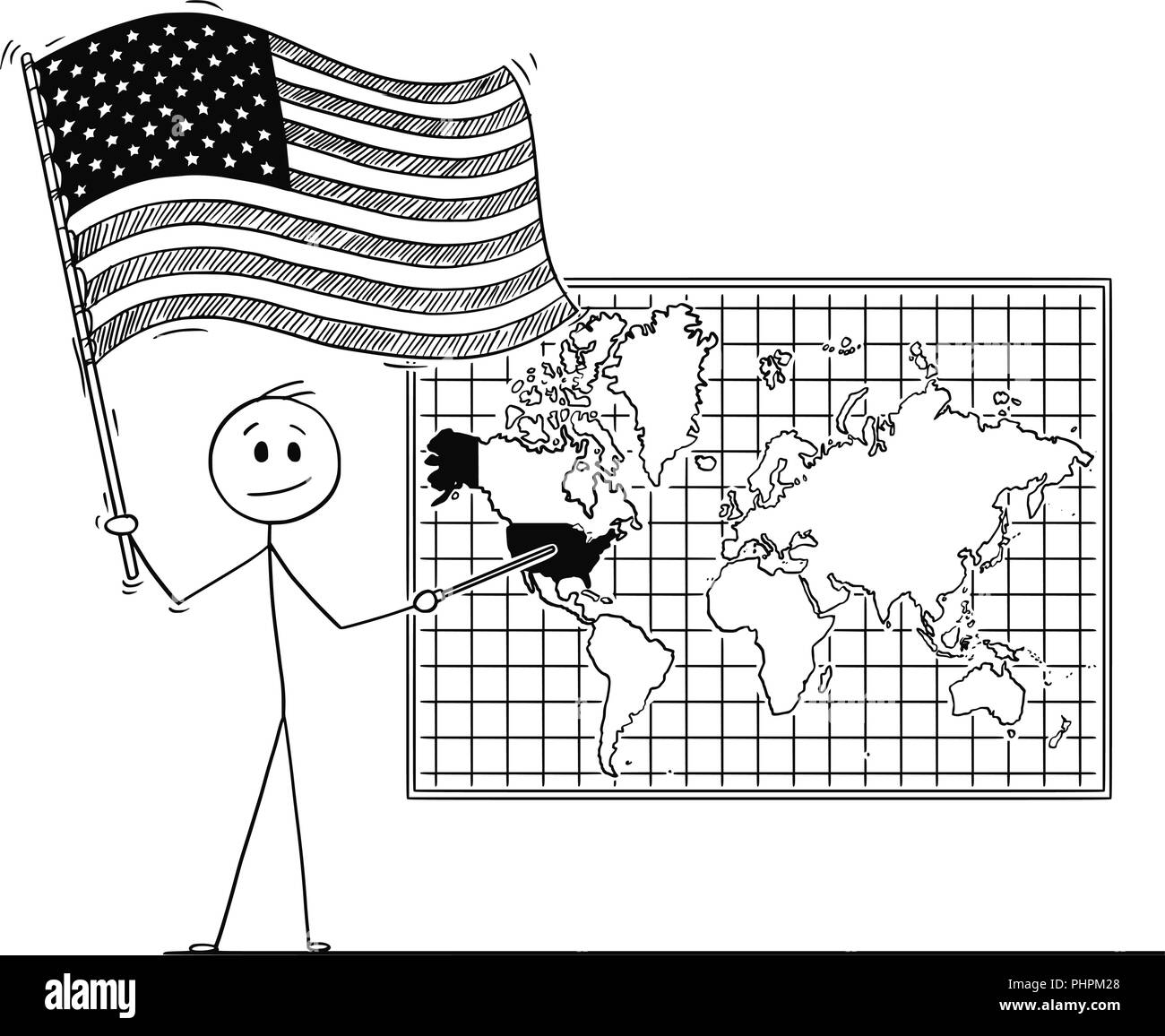 Caricatura de hombre con bandera estadounidense y apuntando a los Estados Unidos de América en la pared Mapa del Mundo Ilustración del Vector