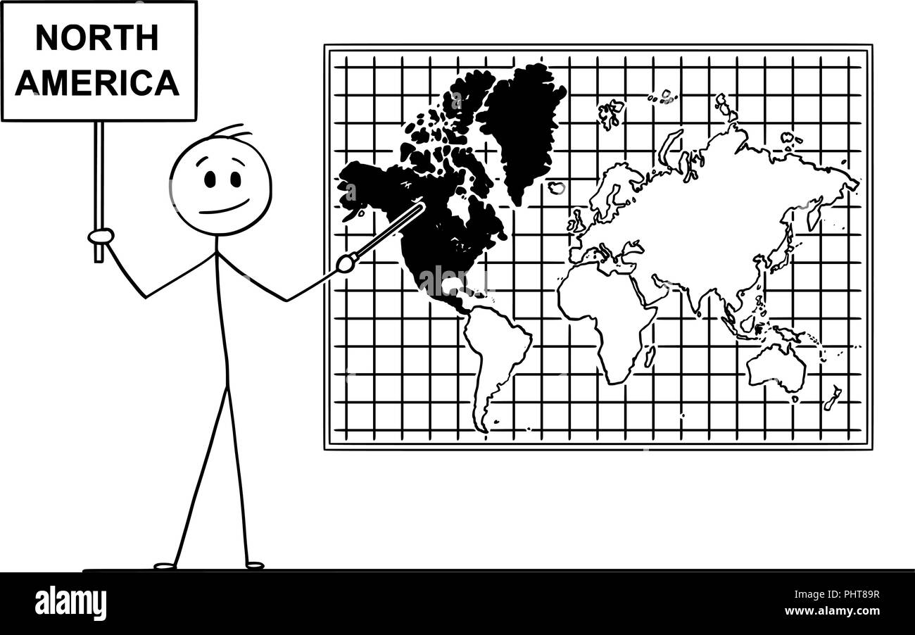 Caricatura del hombre sosteniendo un cartel y apuntando al continente de América del Norte en Wall Mapa del Mundo Ilustración del Vector
