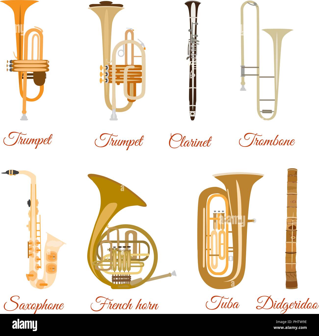 Set de vectores de instrumentos musicales de viento aislado sobre fondo  blanco Imagen Vector de stock - Alamy