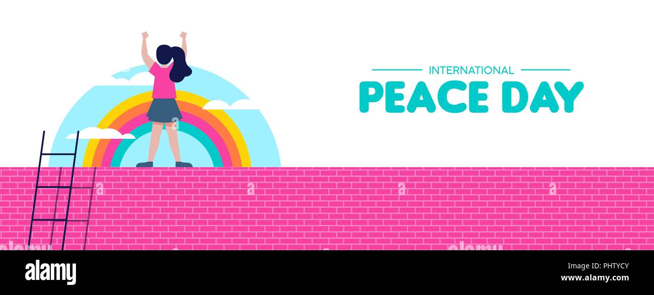 El Día Internacional de la Paz el banner web ilustración, concepto de libertad mundial del niño. Chica gratis celebrando el arco iris del cielo de fondo. Vector EPS10. Ilustración del Vector