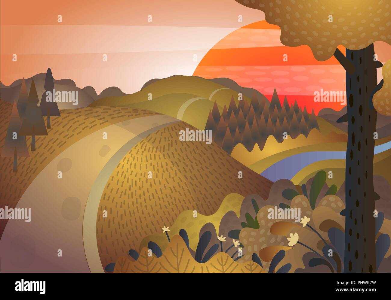 Paisaje otoñal. La carretera y las colinas al atardecer Ilustración del Vector