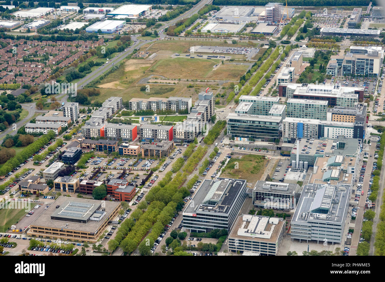 Una vista aérea del centro de la ciudad de Milton Keynes, Sudeste de Inglaterra, Reino Unido. Foto de stock