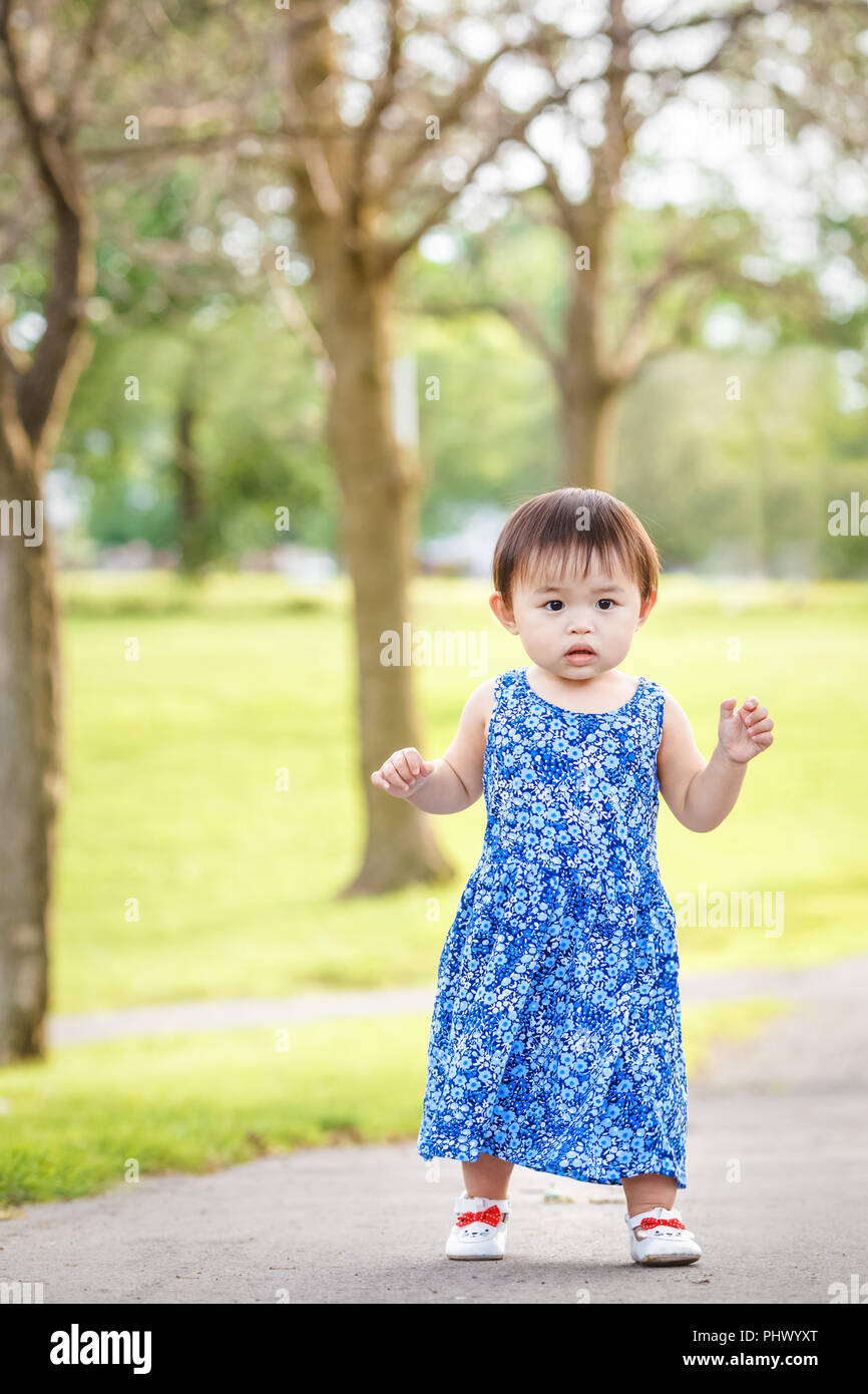 Retrato de un lindo adorable pequeño de Asia, una niña de dos años, vestido  azul y zapatos blancos caminando girando en el parque fuera en verano, c  Fotografía de stock - Alamy