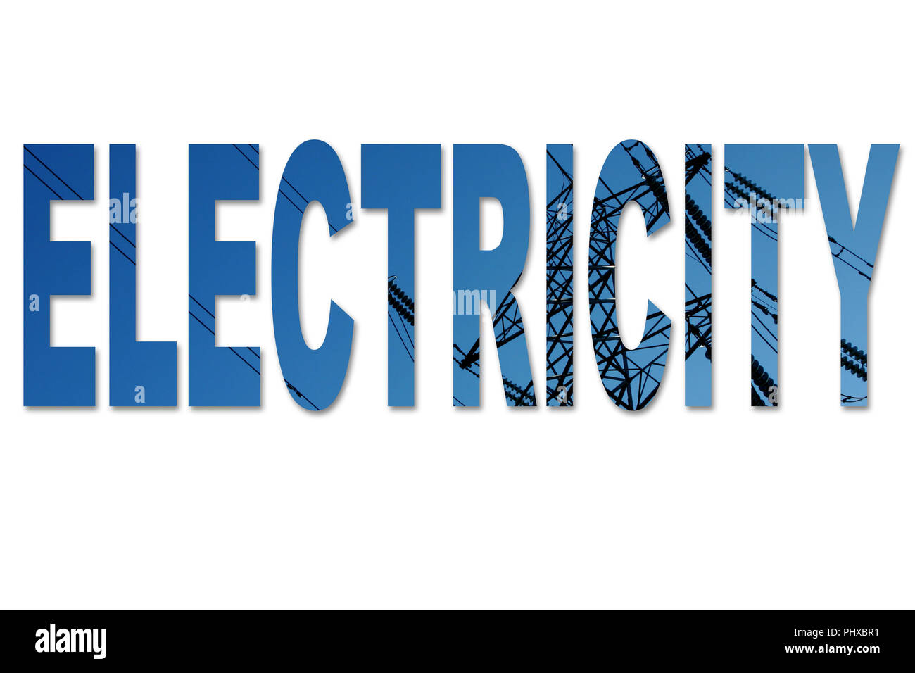 La palabra electricidad con una imagen de un poste eléctrico y líneas