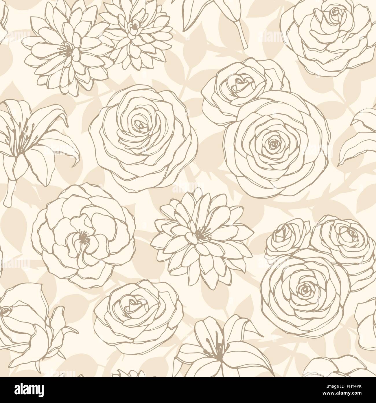 Vector patrón sin fisuras con Lily, crisantemo, camelia, peonía y rosa Flores de arte de línea en el fondo de color beige. Repita el adorno floral dibujados a mano Ilustración del Vector
