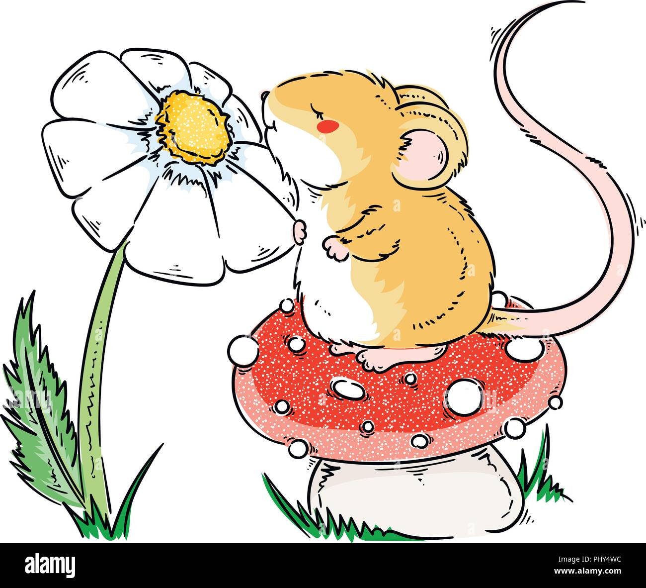 Ratón de dibujos animados pintados a mano en mushroom con flor. Saludos o  invitación tarjeta retro, póster de impresión. Cute ilustración vectorial  Imagen Vector de stock - Alamy
