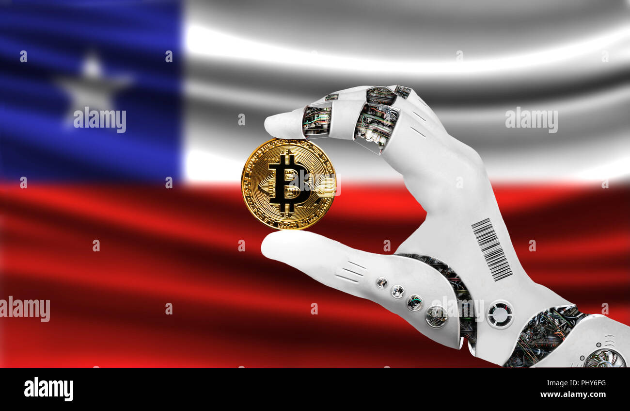 Crypto moneda bitcoin en la mano del robot, el concepto de la