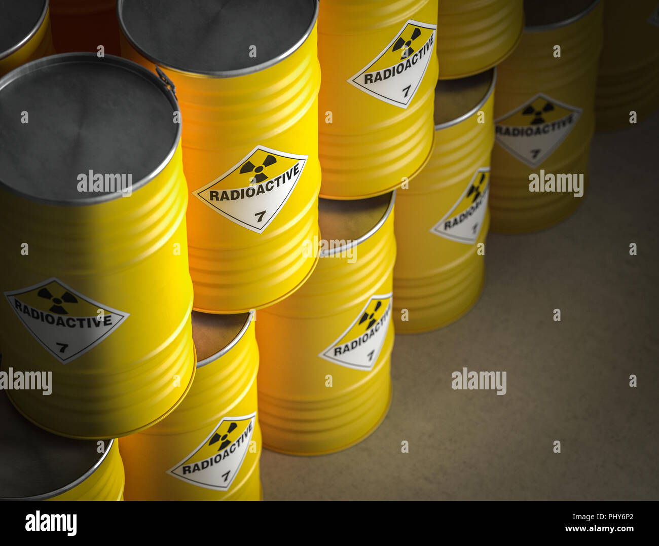 Barril amarillo radiactivo 3D rendering imagen Foto de stock