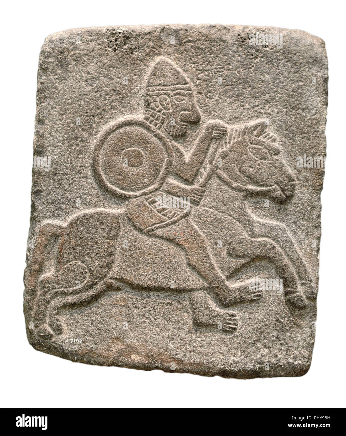 Talla de alivio del Tell Halaf, (edad del hierro en el NE de la ciudad de Siria, c1200-900BC) soldado montado. Museo Británico, Bloomsbury, Londres, Inglaterra, Reino Unido. Foto de stock