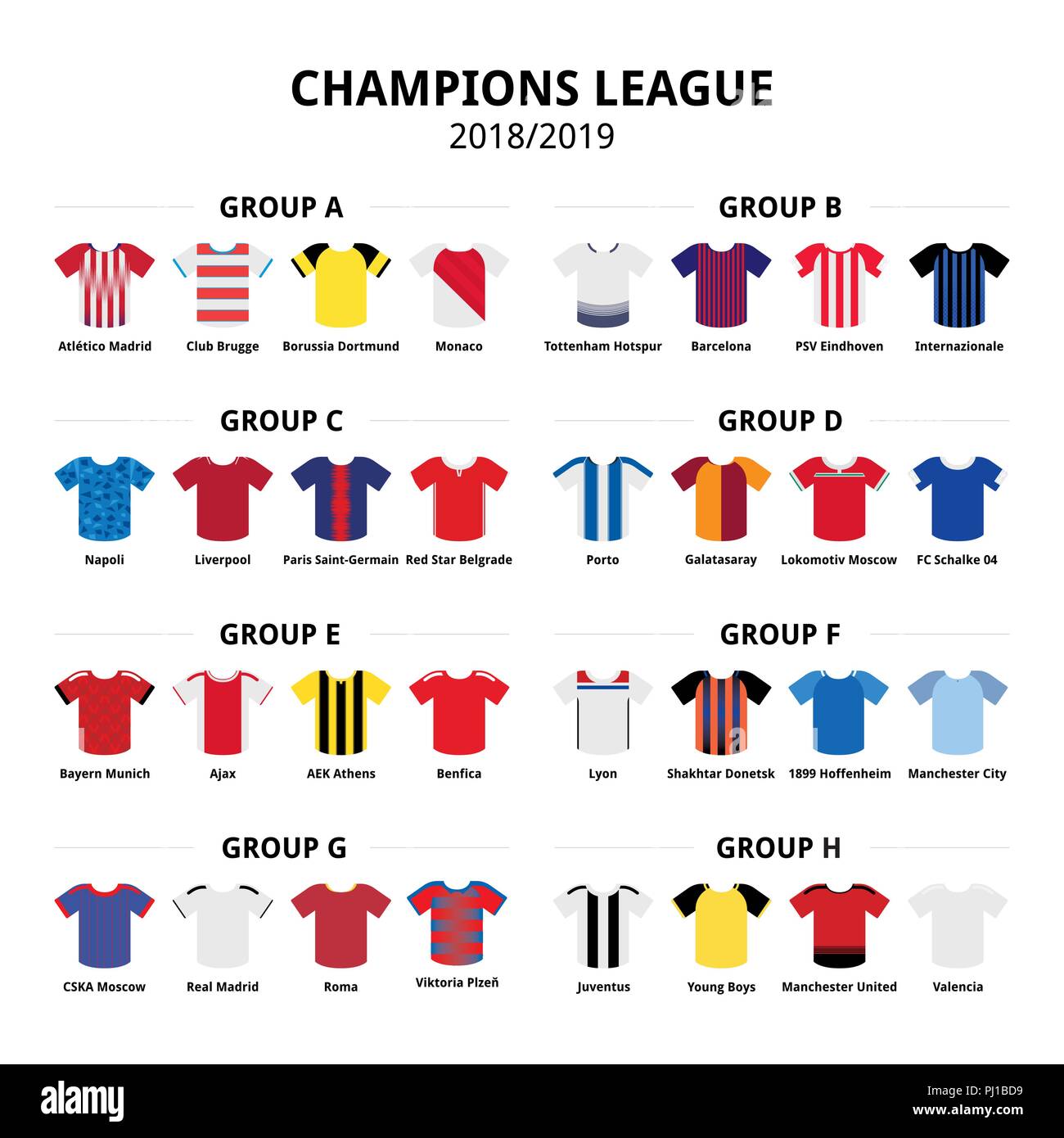 Kit de camisetas de fútbol de la Liga de Campeones 2018 - 2019, equipos de fútbol kit iconos vectoriales fase de grupo A - H Ilustración del Vector