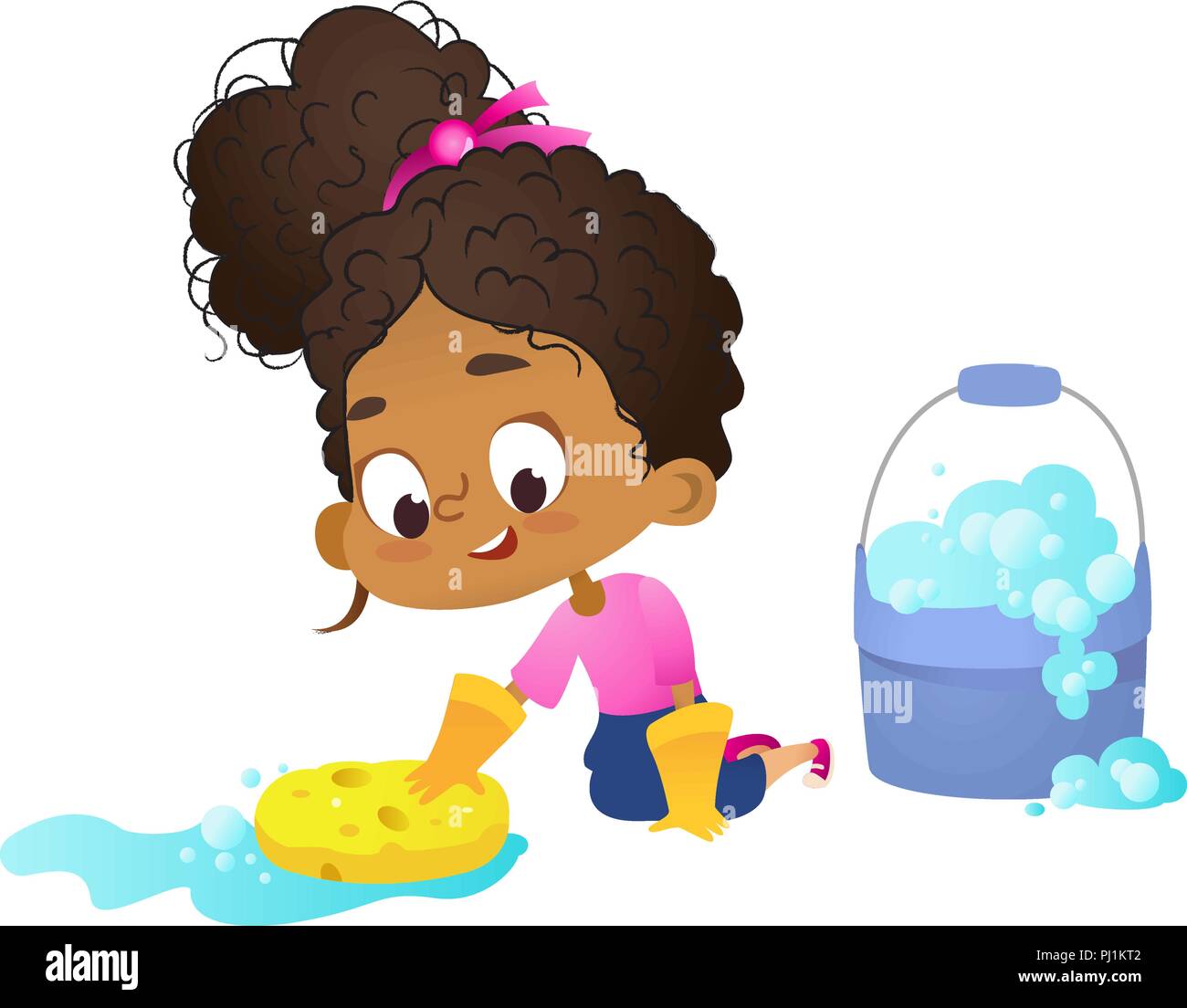 El concepto de que los niños hacen las rutinas domésticas - Little Girl afroamericana trapear el piso waering guantes de látex, concepto de Montessori involucrarse en actividades educativas. Ilustración vectorial de dibujos animados Ilustración del Vector