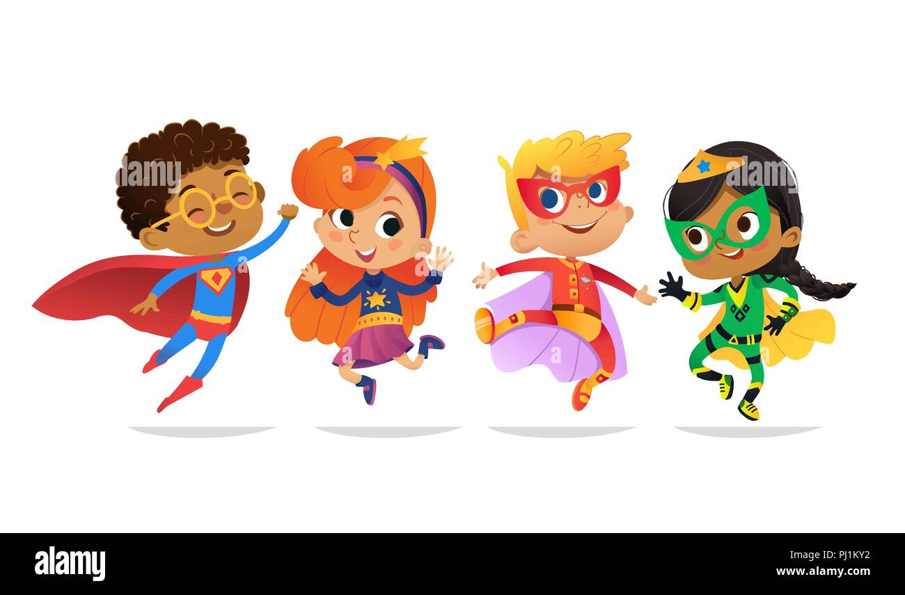 Niños y Niñas multirracial, vistiendo coloridos trajes de superhéroes,  feliz de salto. Vector de dibujos animados personajes de Kid Superheroes,  aislado sobre fondo blanco. Para la fiesta, invitaciones, web de mascota  Imagen