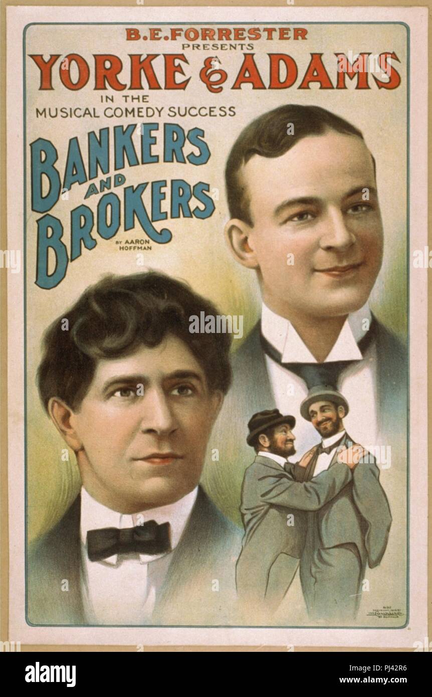 B.E. Forrester presenta Yorke & Adams en la comedia musical de éxito Los banqueros y corredores de Aaron Hoffman Foto de stock