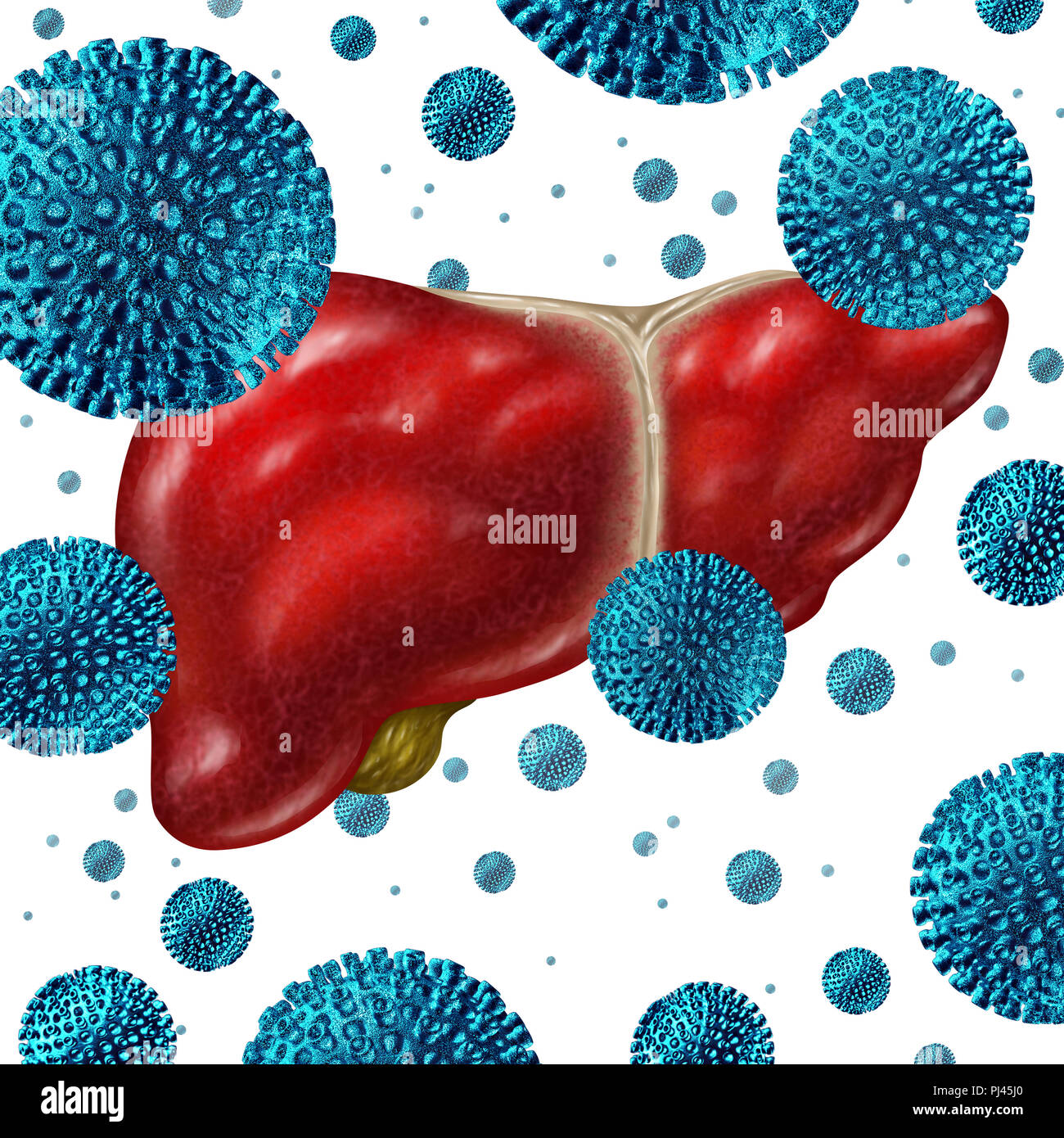Concepto de enfermedad la hepatitis C como un grupo de virus humano tridimensional de células en un hígado humano como una ilustración médica por una infección viral. Foto de stock