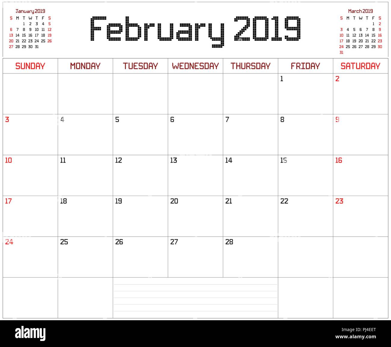 Año 2019 Febrero Planner - Planificador mensual calendario para febrero 2019  en blanco. Un píxel cuadrado estilo se utiliza Imagen Vector de stock -  Alamy