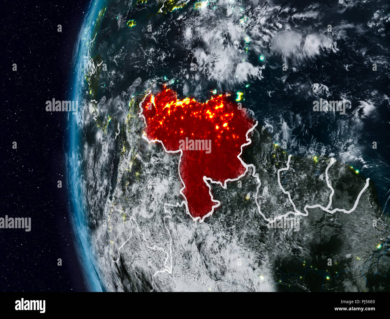 Venezuela en la noche con signos visibles de las fronteras del país. Ilustración 3D. Los elementos de esta imagen proporcionada por la NASA. Foto de stock