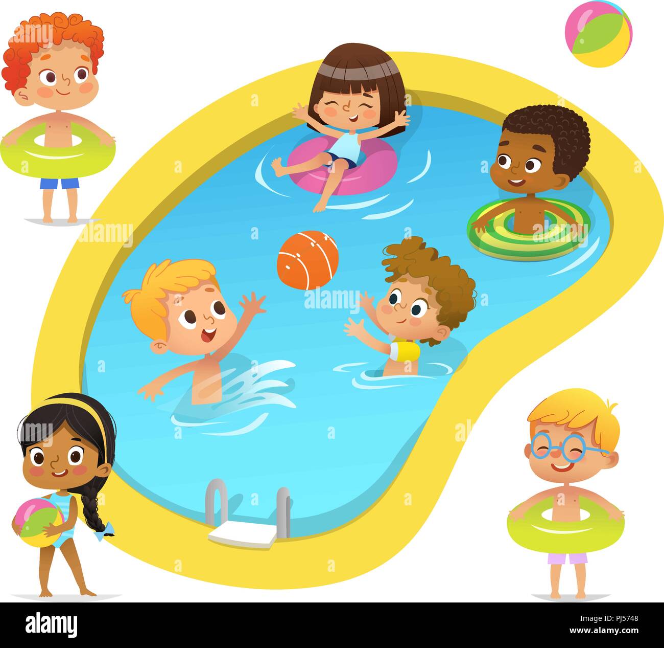 Piscina parte caracteres. Niños y niñas multirracial vistiendo trajes de  baño y los anillos se divierten en la piscina. Chica afroamericana de pie  con bola. Personajes de dibujos animados. Vector aislados Imagen