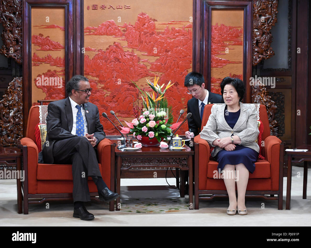 Beijing, China. 4 Sep, 2018. El Vice Premier chino Sun Chunlan se reúne con el Director General de la Organización Mundial de la Salud Tedros Adhanom Ghebreyesus en Beijing, capital de China, el 4 de septiembre de 2018. Crédito: Zhang Ling/Xinhua/Alamy Live News Foto de stock