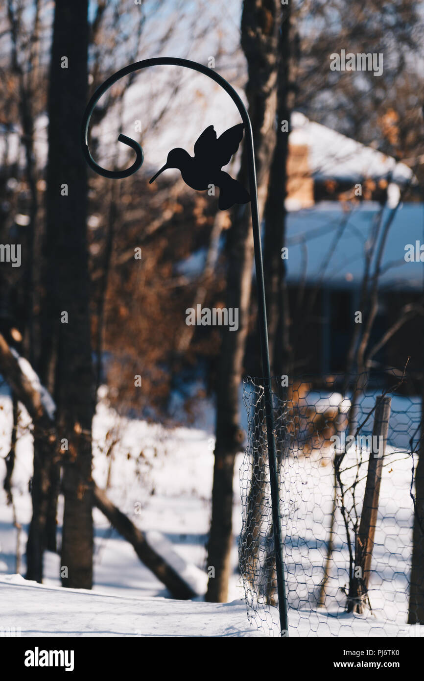 Gancho de metal con aves cerca del bosque en invierno Foto de stock