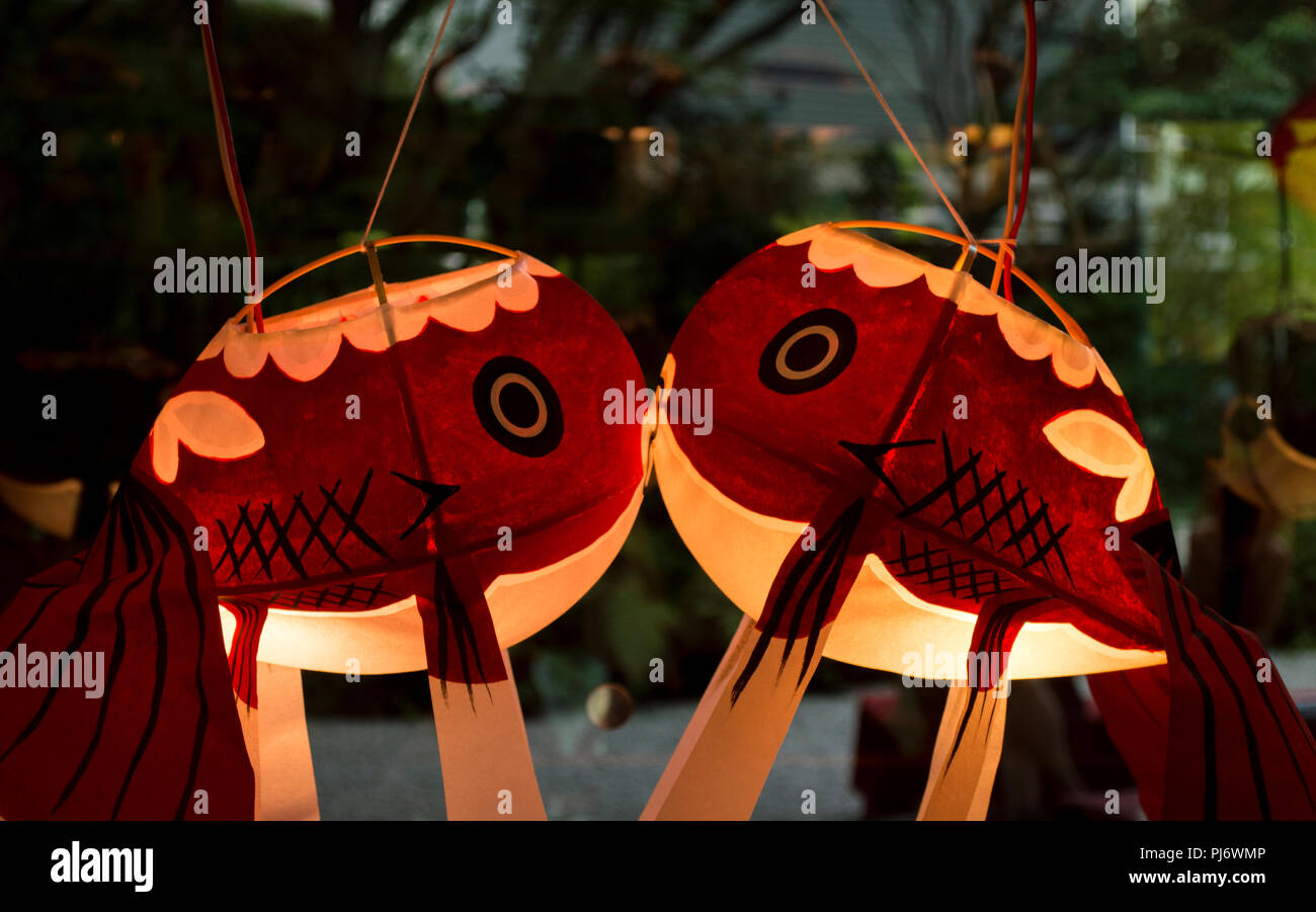 Dos linternas hechas de papel goldfishs besar mutuamente con luz cálida. Foto de stock